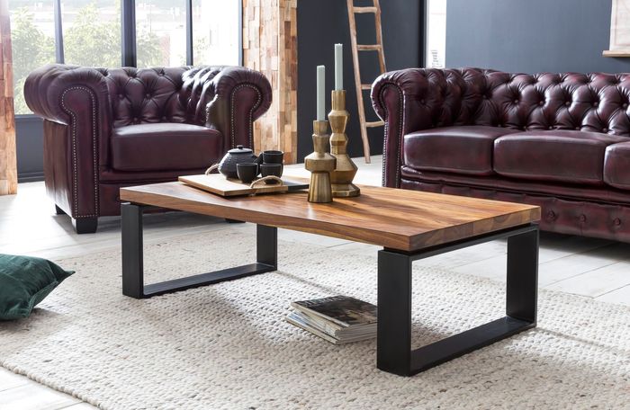 FineBuy Couchtisch FB51445 Sheesham 115x35x60 cm Massiv Holz Sofatisch mit Metallgestell, Wohnzimmertisch Rechteckig Massivholz Braun, Holztisch Modern, Tisch Wohnzimmer