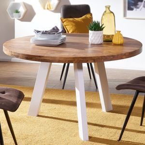 FineBuy Esszimmertisch rund 130x77x130 cm Sheesham Massiv Esstisch Beine Weiß, Runder Holztisch mit Metallbeinen, Massivholztisch Esszimmer, Küchentisch Massivholz, Speisetisch Echt-Holz 4250950287334