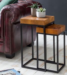 FineBuy Design Satztisch FB51457 Sheesham Metall Beistelltisch 2er Set klein, Couchtisch Set 2 Holz Tische, Massivholz Wohnzimmertisch Metallgestell, Schmaler Sofatisch Ablagetisch 4250950287402