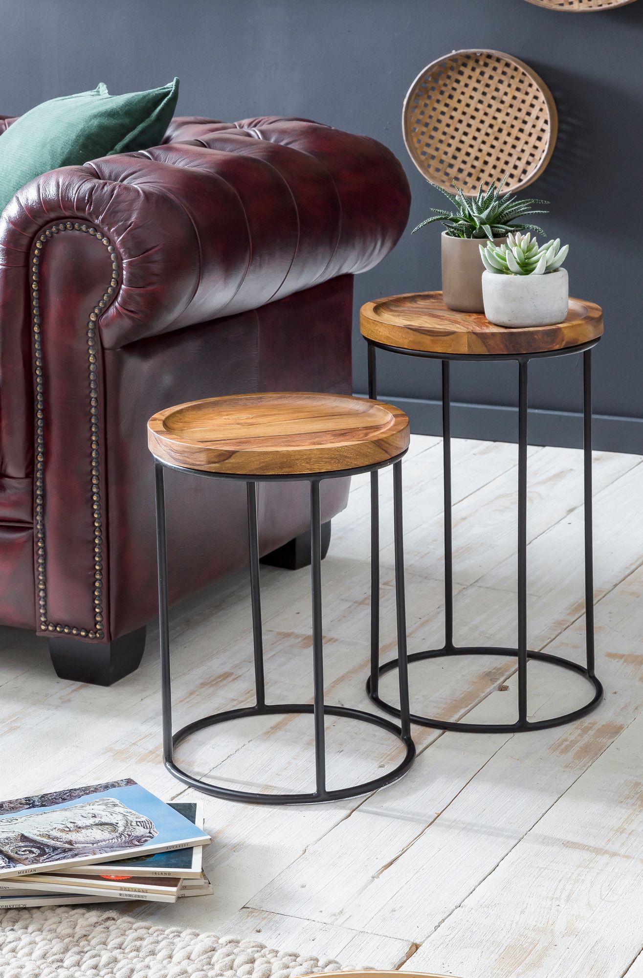 FineBuy Design Satztisch FB51458 Sheesham Metall Beistelltisch 2er Set klein, Couchtisch Set 2 Holz Tische, Massivholz Wohnzimmertisch Metallgestell, Schmaler Sofatisch Ablagetisch | Farbe: Braun