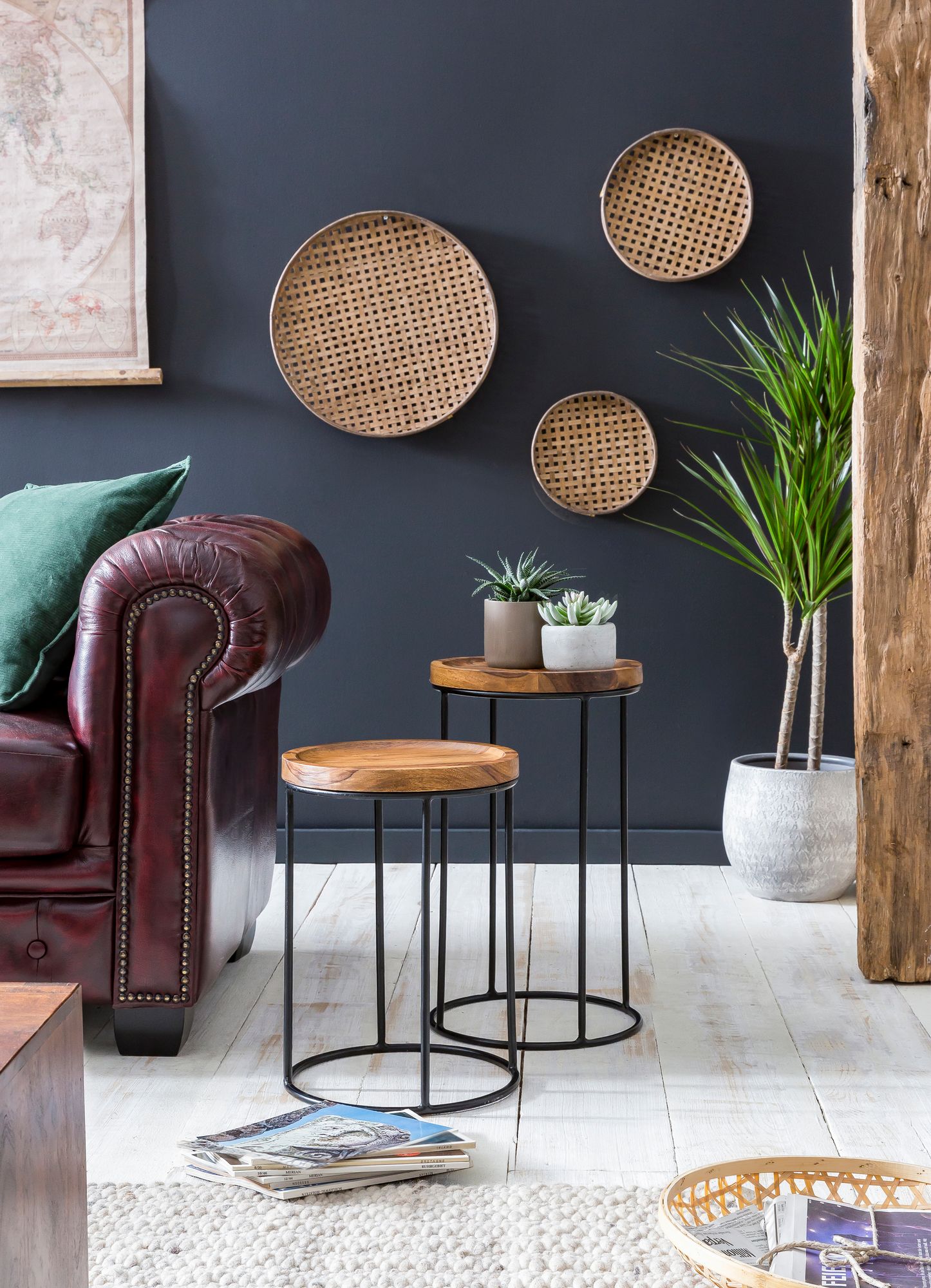 FineBuy Design Satztisch FB51458 Sheesham Metall Beistelltisch 2er Set klein, Couchtisch Set 2 Holz Tische, Massivholz Wohnzimmertisch Metallgestell, Schmaler Sofatisch Ablagetisch | Farbe: Braun