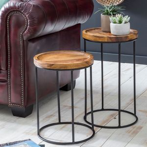 FineBuy Design Satztisch FB51458 Sheesham Metall Beistelltisch 2er Set klein, Couchtisch Set 2 Holz Tische, Massivholz Wohnzimmertisch Metallgestell, Schmaler Sofatisch Ablagetisch 4250950287419
