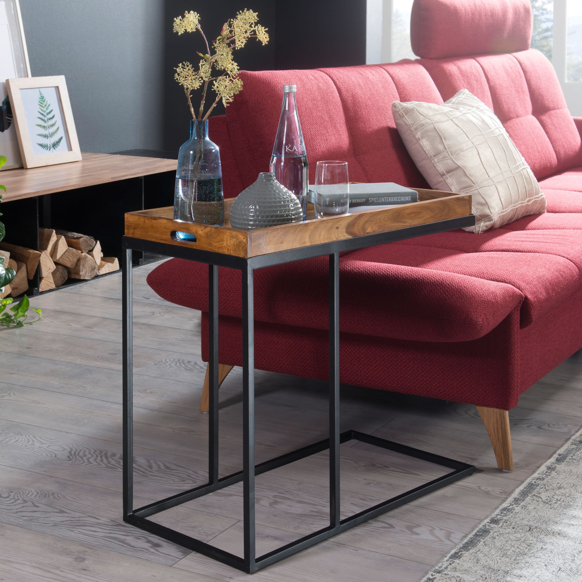 FineBuy Beistelltisch 69 x 65 x 34 cm Sheesham massiv Holz Metallgestell, Design TV-Tray Tabletttisch Wohnzimmer, Kleiner Serviertisch Naturholz, Abstelltisch Holz Metall Tablett | Farbe: Braun