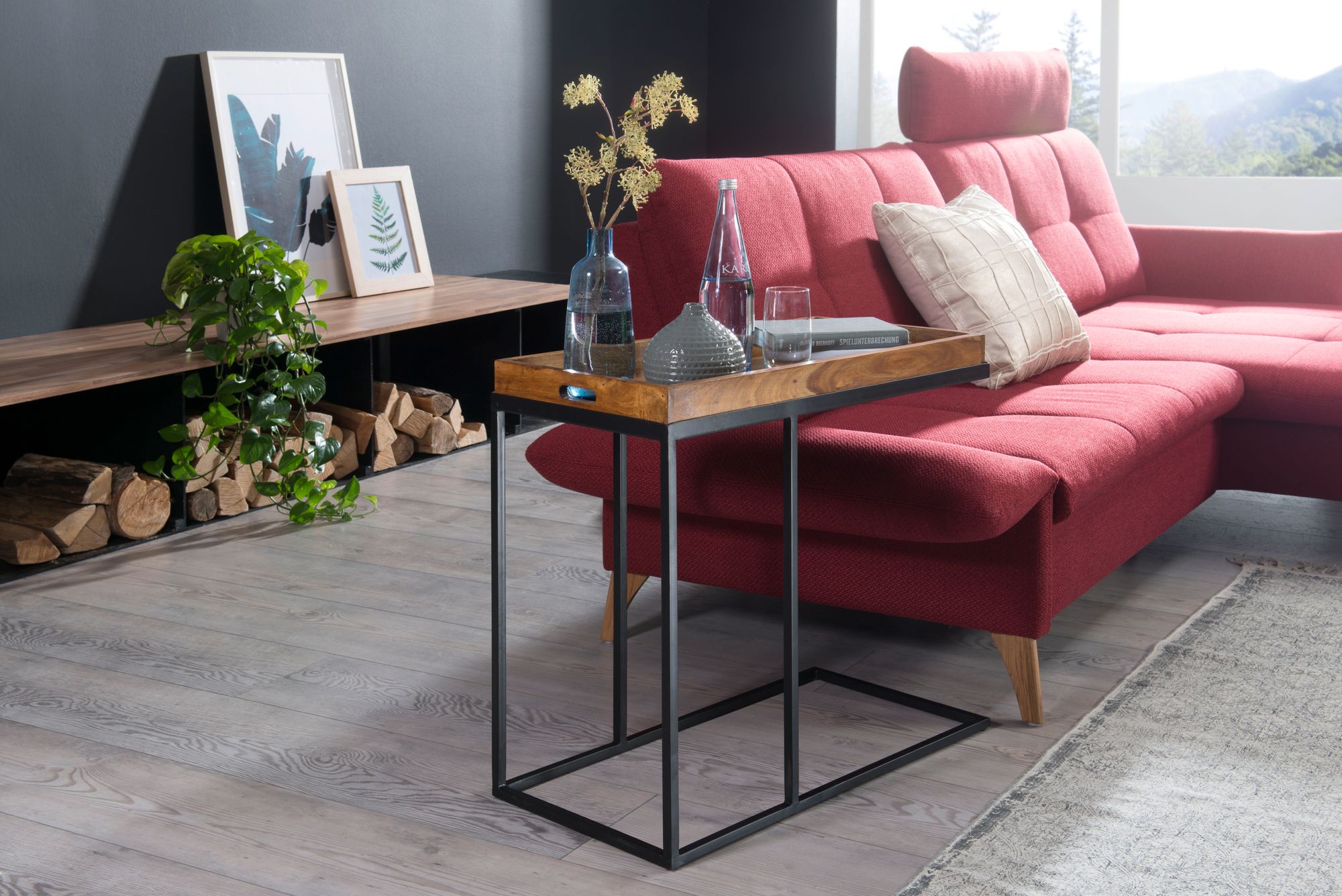 FineBuy Beistelltisch 69 x 65 x 34 cm Sheesham massiv Holz Metallgestell, Design TV-Tray Tabletttisch Wohnzimmer, Kleiner Serviertisch Naturholz, Abstelltisch Holz Metall Tablett | Farbe: Braun