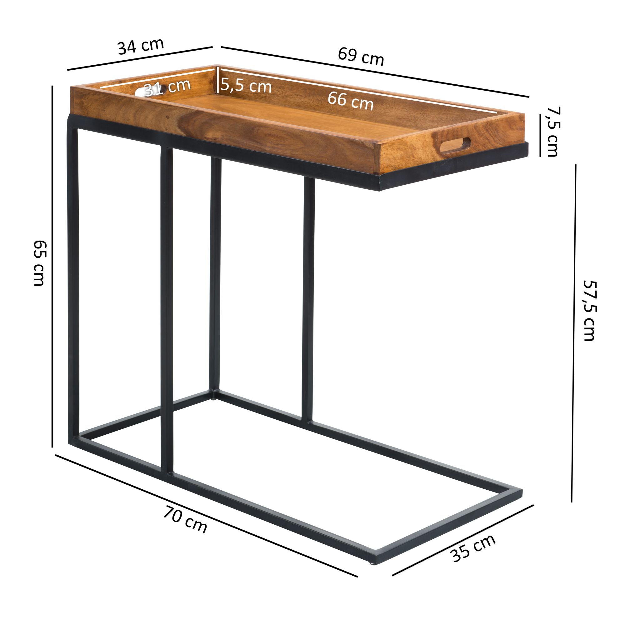 FineBuy Beistelltisch Sheesham massiv Holz Tabletttisch Abstelltisch Holz Metall – Ansicht 3