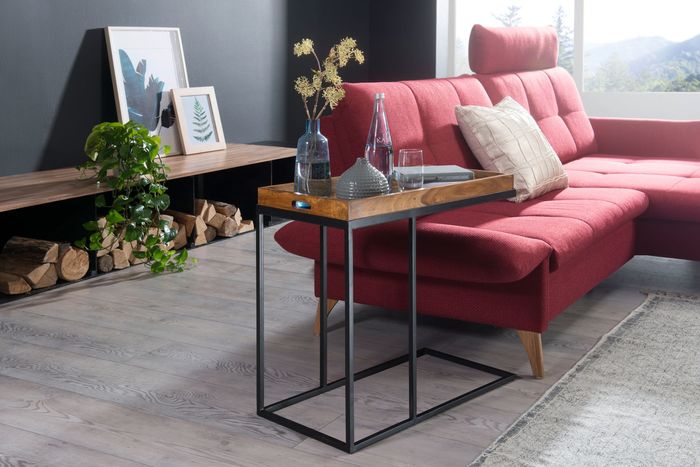 FineBuy Beistelltisch 69 x 65 x 34 cm Sheesham massiv Holz Metallgestell, Design TV-Tray Tabletttisch Wohnzimmer, Kleiner Serviertisch Naturholz, Abstelltisch Holz Metall Tablett 4250950287495