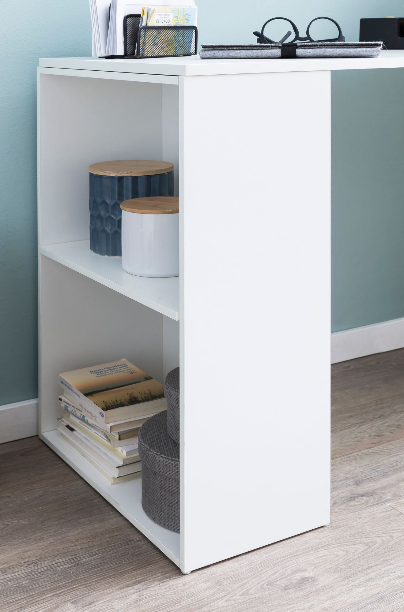 FineBuy Schreibtisch mit Regal 120x120x53 cm Holz Modern, Schreibtischregal Ablagefächer PC Tisch, Computertisch mit Ablage, Design Tisch Büro mit Aufbewahrung | Farbe: Grau