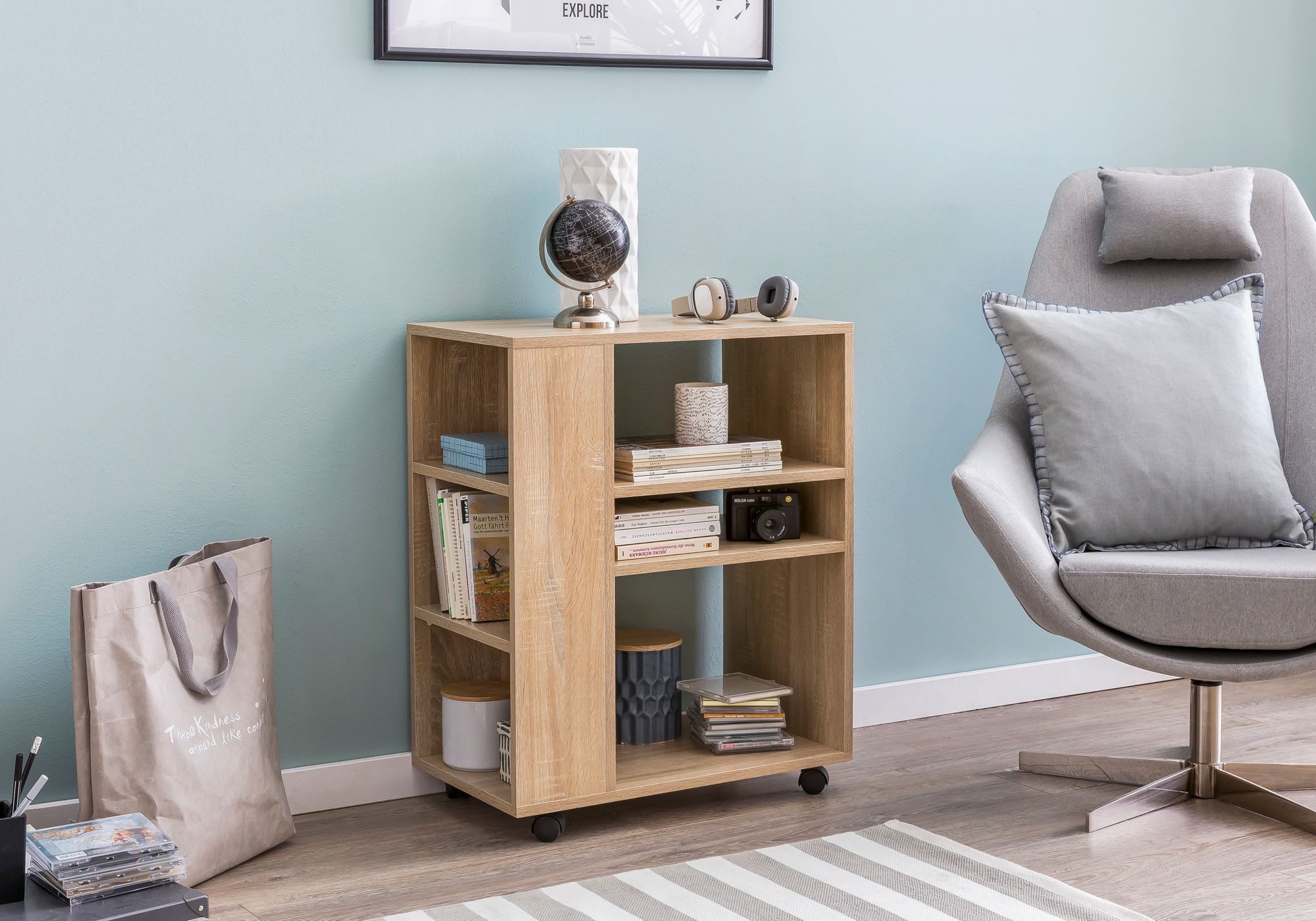 FineBuy Regal 60x35x75 cm Regalwagen mit Rollen Holz, Schmales Küchen-Regal, Telefontisch Rollwagen Modern, Bücher-Regal schmal Standcontainer Hoch | Farbe: Grau