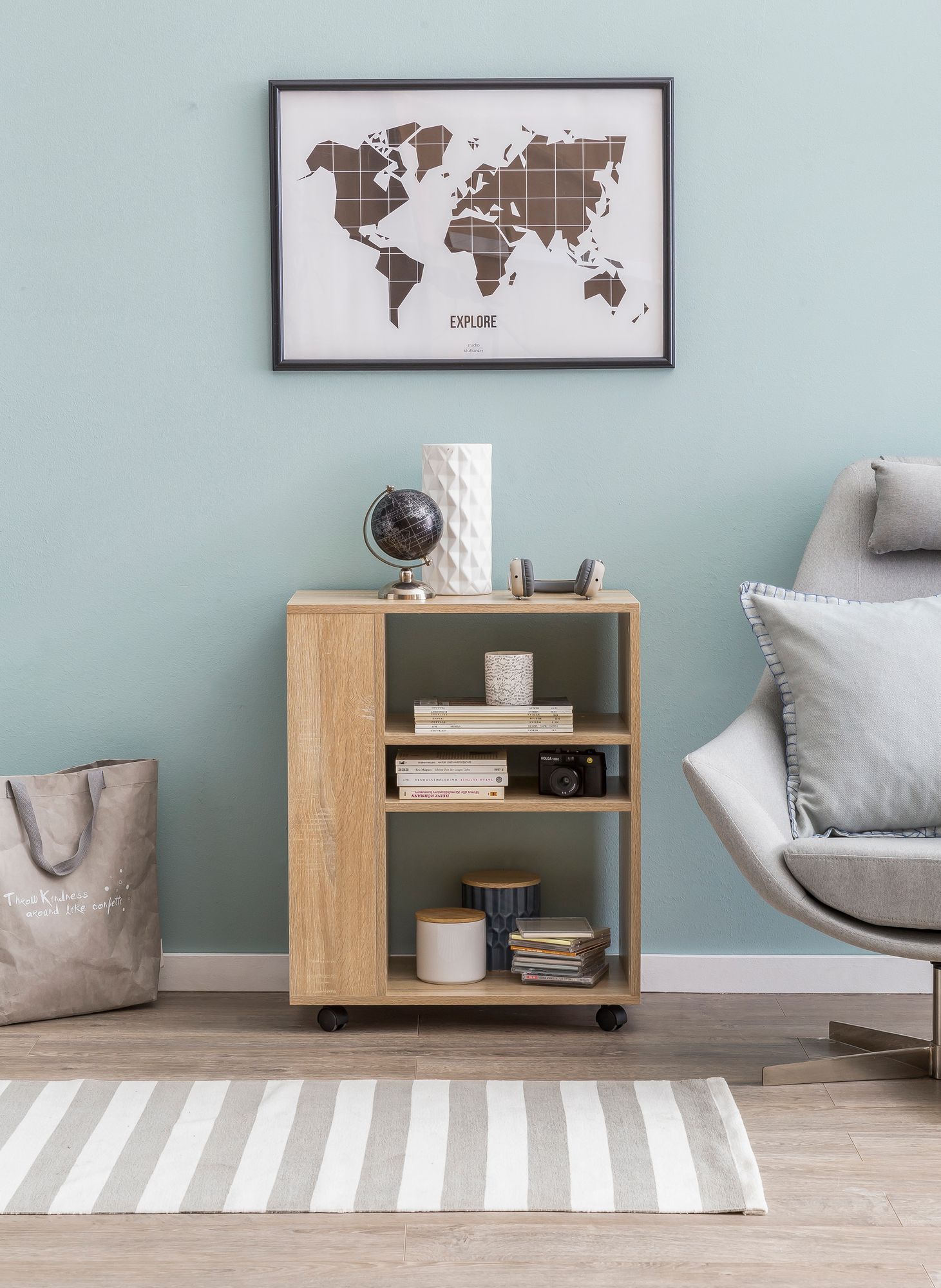 FineBuy Regal 60x35x75 cm Regalwagen mit Rollen Holz, Schmales Küchen-Regal, Telefontisch Rollwagen Modern, Bücher-Regal schmal Standcontainer Hoch | Farbe: Grau