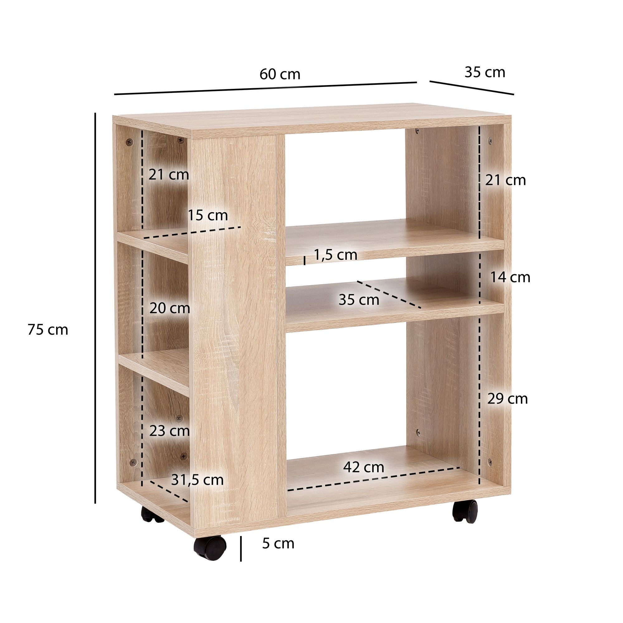 FineBuy Regal 60x35x75 cm Regalwagen mit Rollen Holz, Schmales Küchen-Regal, Telefontisch Rollwagen Modern, Bücher-Regal schmal Standcontainer Hoch | Farbe: Grau