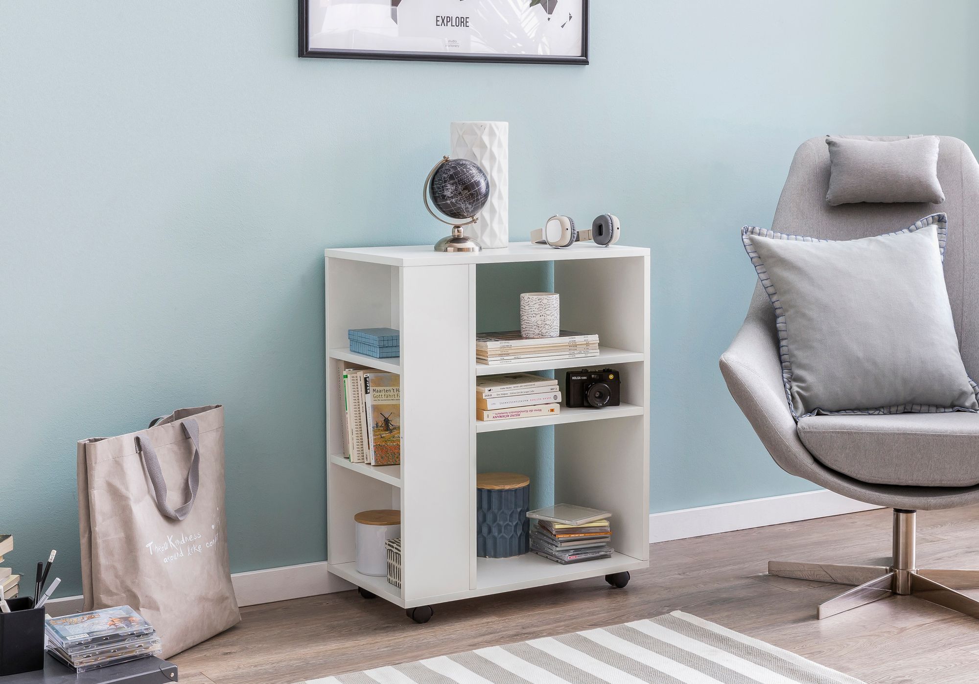 FineBuy Regal 60x35x75 cm Regalwagen mit Rollen Holz, Schmales Küchen-Regal, Telefontisch Rollwagen Modern, Bücher-Regal schmal Standcontainer Hoch | Farbe: Grau