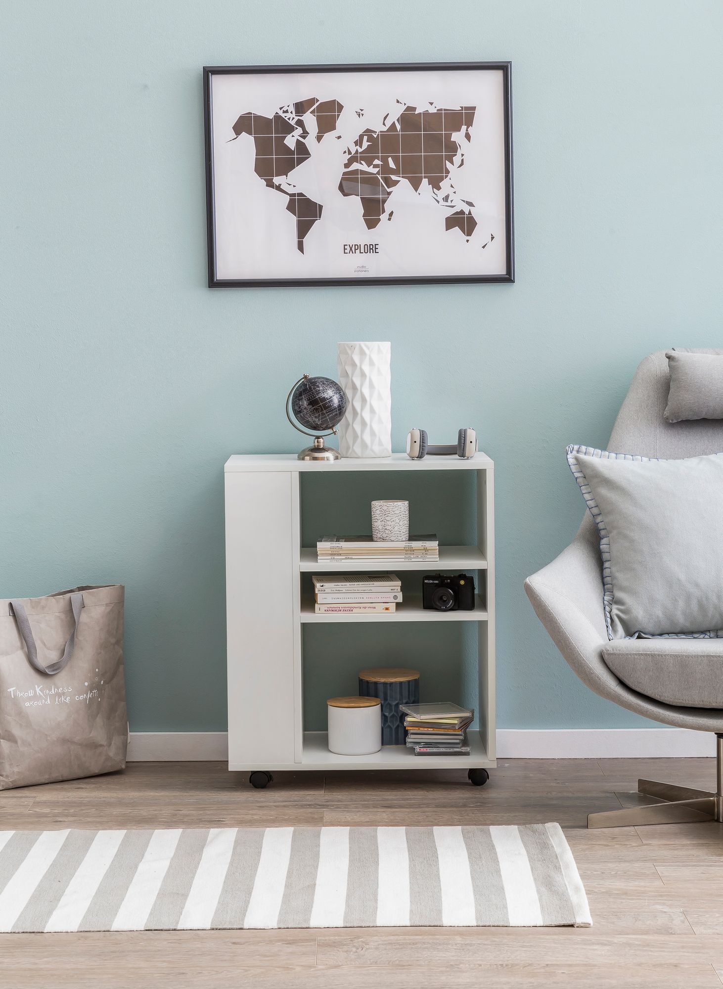 FineBuy Regal 60x35x75 cm Regalwagen mit Rollen Holz, Schmales Küchen-Regal, Telefontisch Rollwagen Modern, Bücher-Regal schmal Standcontainer Hoch | Farbe: Grau