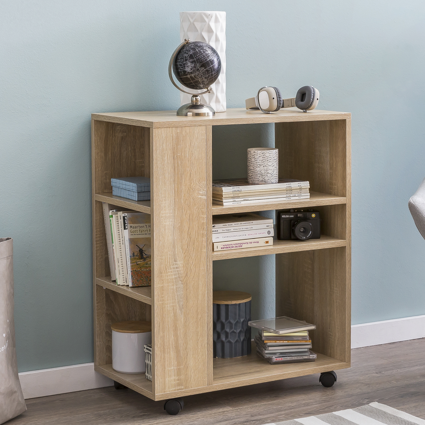 FineBuy Regal 60x35x75 cm Regalwagen mit Rollen Holz, Schmales Küchen-Regal, Telefontisch Rollwagen Modern, Bücher-Regal schmal Standcontainer Hoch | Farbe: Grau