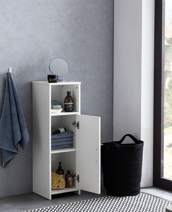 FineBuy Badschrank 30 x 95,5 x 30 cm Weiß Holz mit Tür und Ablagefach, Kleiner Bad-Schrank Beistellschrank Stehend, Badregal Schmal Freistehend Badezimmerkommode, Badmöbel Badezimmermöbel 4250950287877