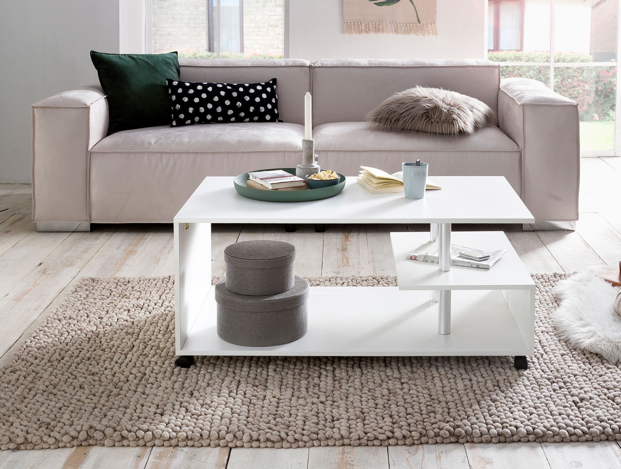 FineBuy Design Couchtisch 105 x 48,5 x 60 cm Drehbar mit Rollen, Wohnzimmertisch Coffee Table, Sofatisch Loungetisch Holz, Kaffeetisch mit Stauraum | Farbe: Grau