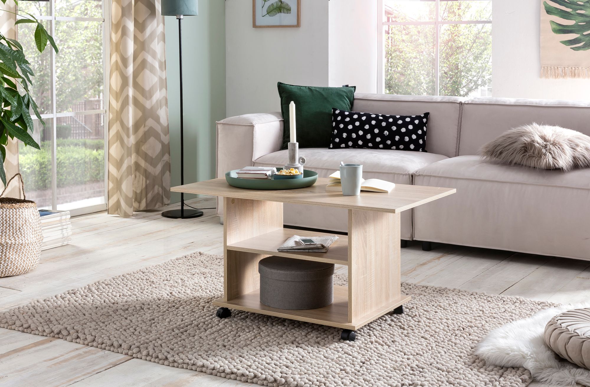 FineBuy Design Couchtisch 95 x 51 x 54,5 cm Drehbar mit Rollen, Wohnzimmertisch Coffee Table, Sofatisch Loungetisch Holz, Kaffeetisch mit Stauraum | Farbe: Weiß
