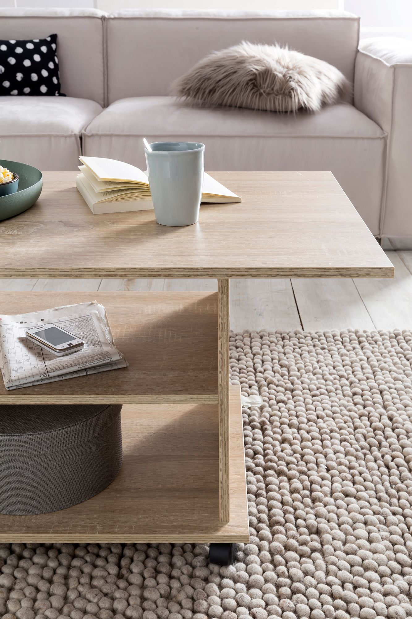 FineBuy Design Couchtisch 95 x 51 x 54,5 cm Drehbar mit Rollen, Wohnzimmertisch Coffee Table, Sofatisch Loungetisch Holz, Kaffeetisch mit Stauraum | Farbe: Weiß