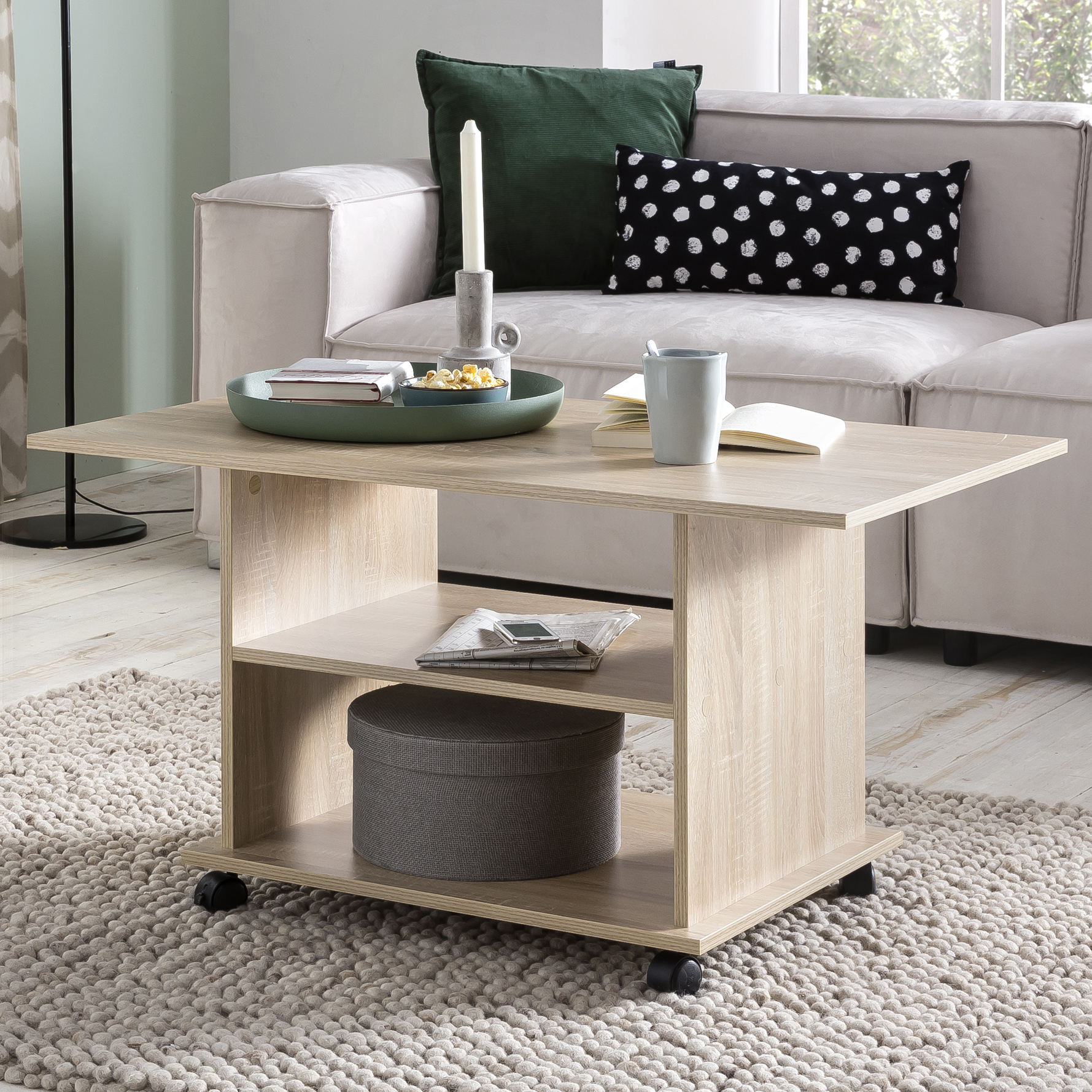 FineBuy Design Couchtisch 95 x 51 x 54,5 cm Drehbar mit Rollen, Wohnzimmertisch Coffee Table, Sofatisch Loungetisch Holz, Kaffeetisch mit Stauraum | Farbe: Weiß