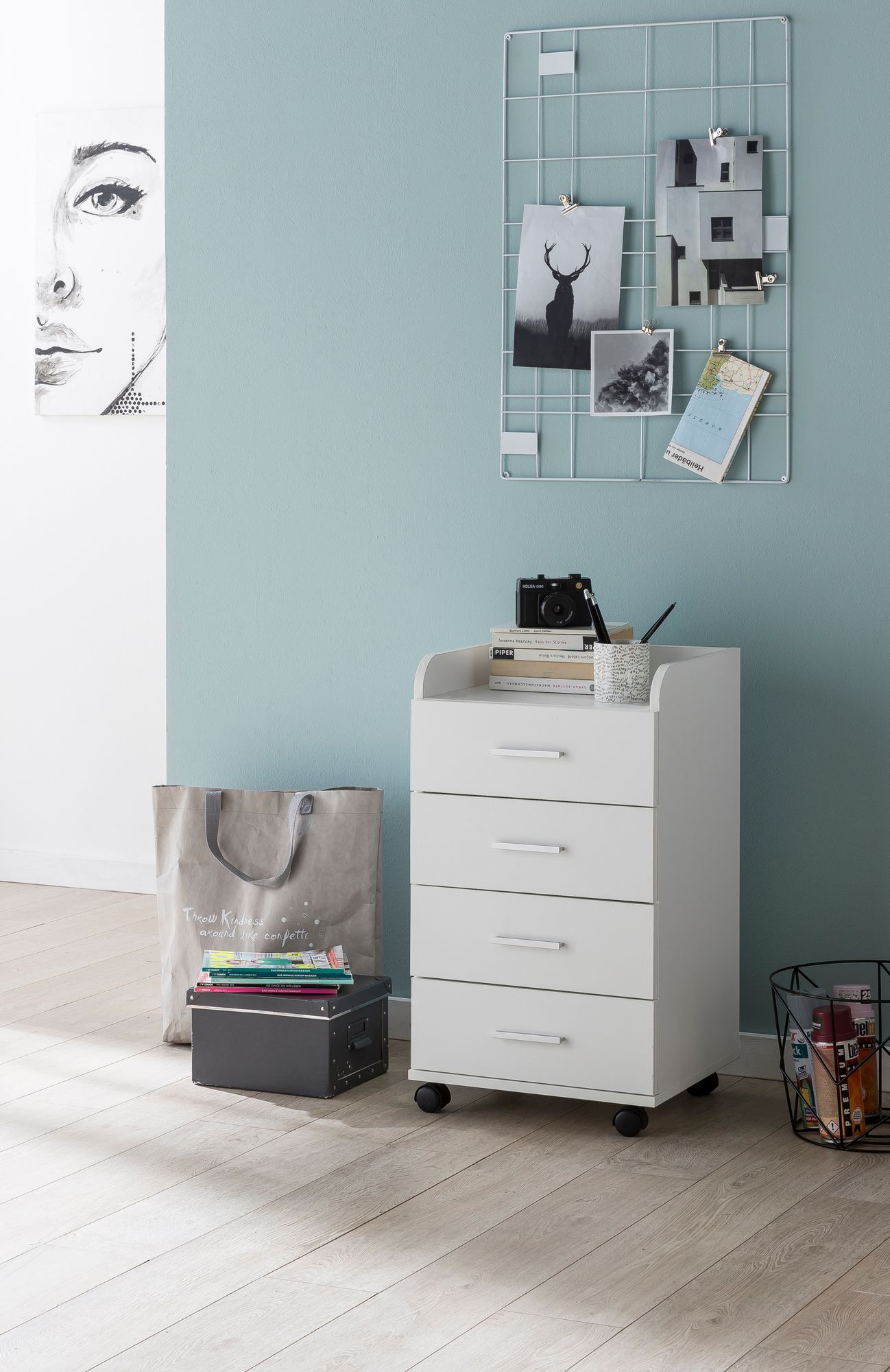 FineBuy Rollcontainer 40 x 70,5 x 33 cm, Schreibtisch-Container Rollschrank 4 Schubladen, Moderner Schubladencontainer mit Rollen, Standcontainer Bürocontainer Beistellcontainer | Farbe: Weiß