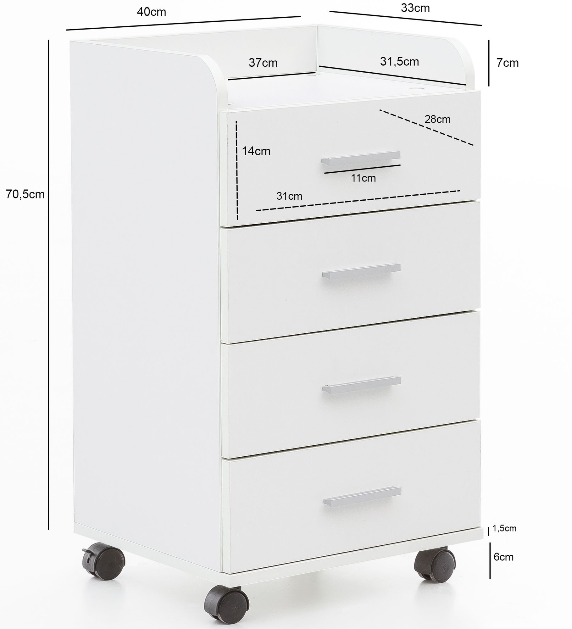 FineBuy Rollcontainer 40 x 70,5 x 33 cm, Schreibtisch-Container Rollschrank 4 Schubladen, Moderner Schubladencontainer mit Rollen, Standcontainer Bürocontainer Beistellcontainer | Farbe: Weiß