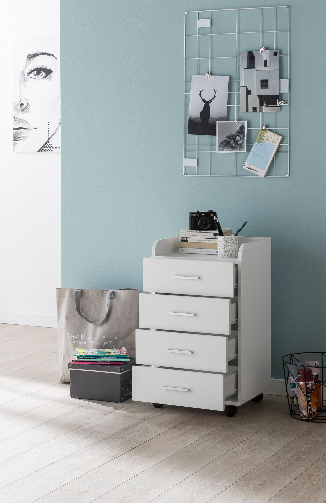 FineBuy Rollcontainer 40 x 70,5 x 33 cm, Schreibtisch-Container Rollschrank 4 Schubladen, Moderner Schubladencontainer mit Rollen, Standcontainer Bürocontainer Beistellcontainer | Farbe: Weiß