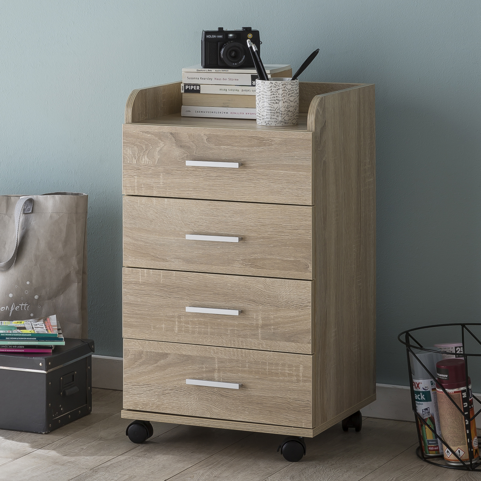 FineBuy Rollcontainer 40 x 70,5 x 33 cm, Schreibtisch-Container Rollschrank 4 Schubladen, Moderner Schubladencontainer mit Rollen, Standcontainer Bürocontainer Beistellcontainer | Farbe: Weiß