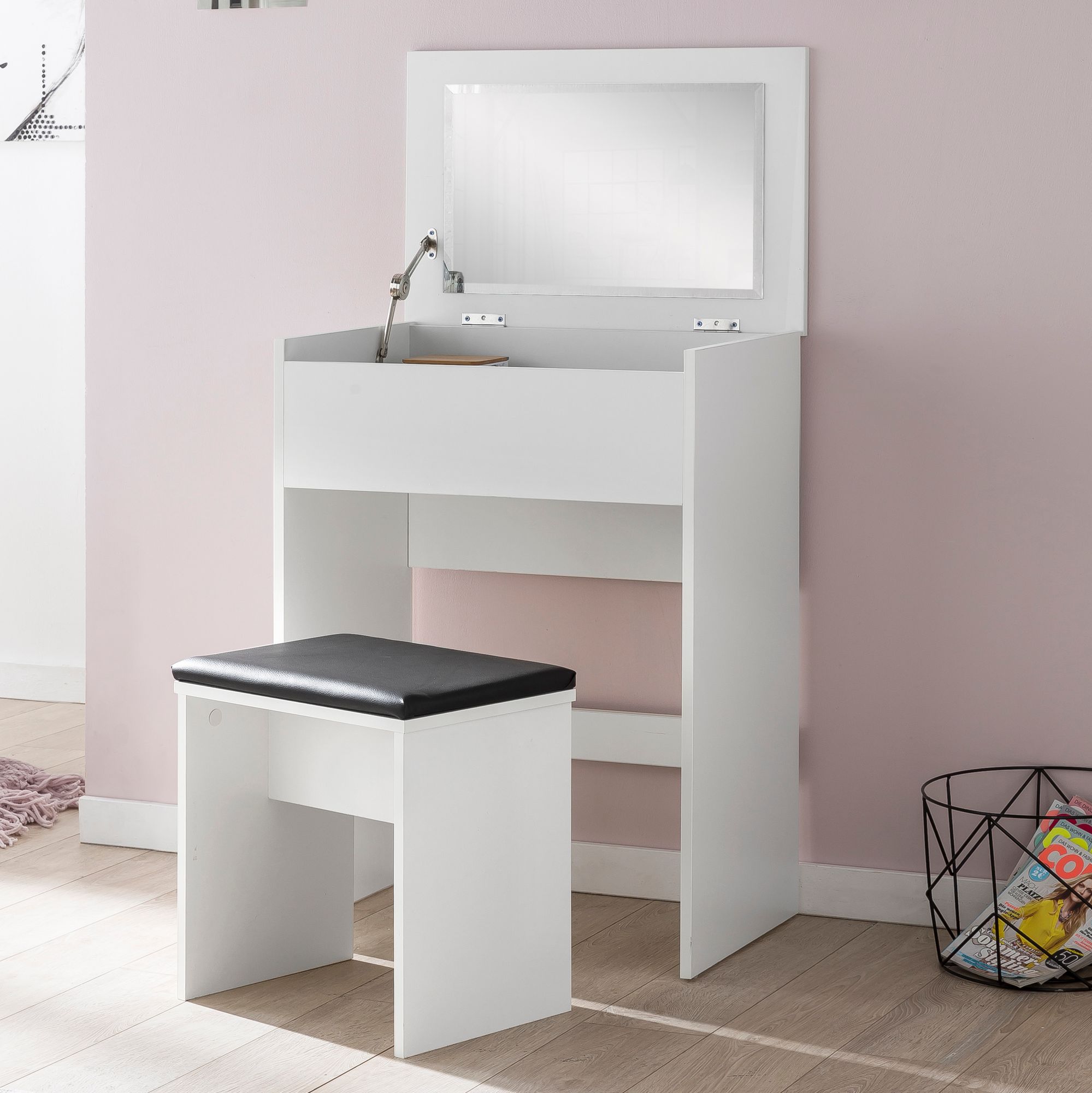 FineBuy Schminktisch FB51641 60x81x40 cm Weiß Konsolentisch Holz Modern, Kosmetiktisch mit Hocker und Spiegel, Weißer Frisiertisch mit Klappfach, Moderner Make-Up-Tisch Mädchen Groß | Farbe: Weiß