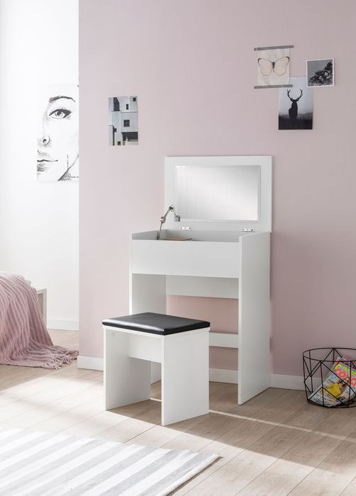 FineBuy Schminktisch FB51641 60x81x40 cm Weiß Konsolentisch Holz Modern, Kosmetiktisch mit Hocker und Spiegel, Weißer Frisiertisch mit Klappfach, Moderner Make-Up-Tisch Mädchen Groß 4250950288140