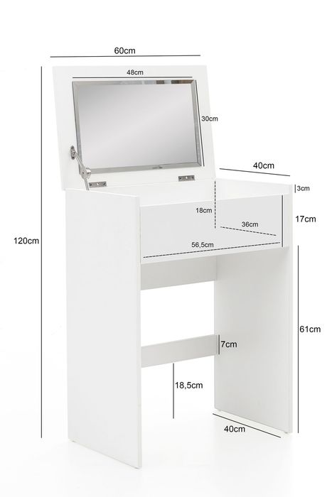 FineBuy Schminktisch FB51641 Kosmetiktisch Frisiertisch Weiß Spiegel & Hocker – Maßzeichnung