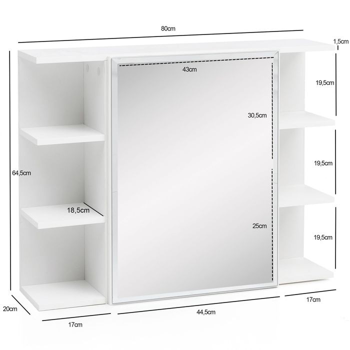 FineBuy Hängeschrank Modern 80x64,5x20cm Wandschrank Holz Spiegelschrank Weiß – Maßzeichnung