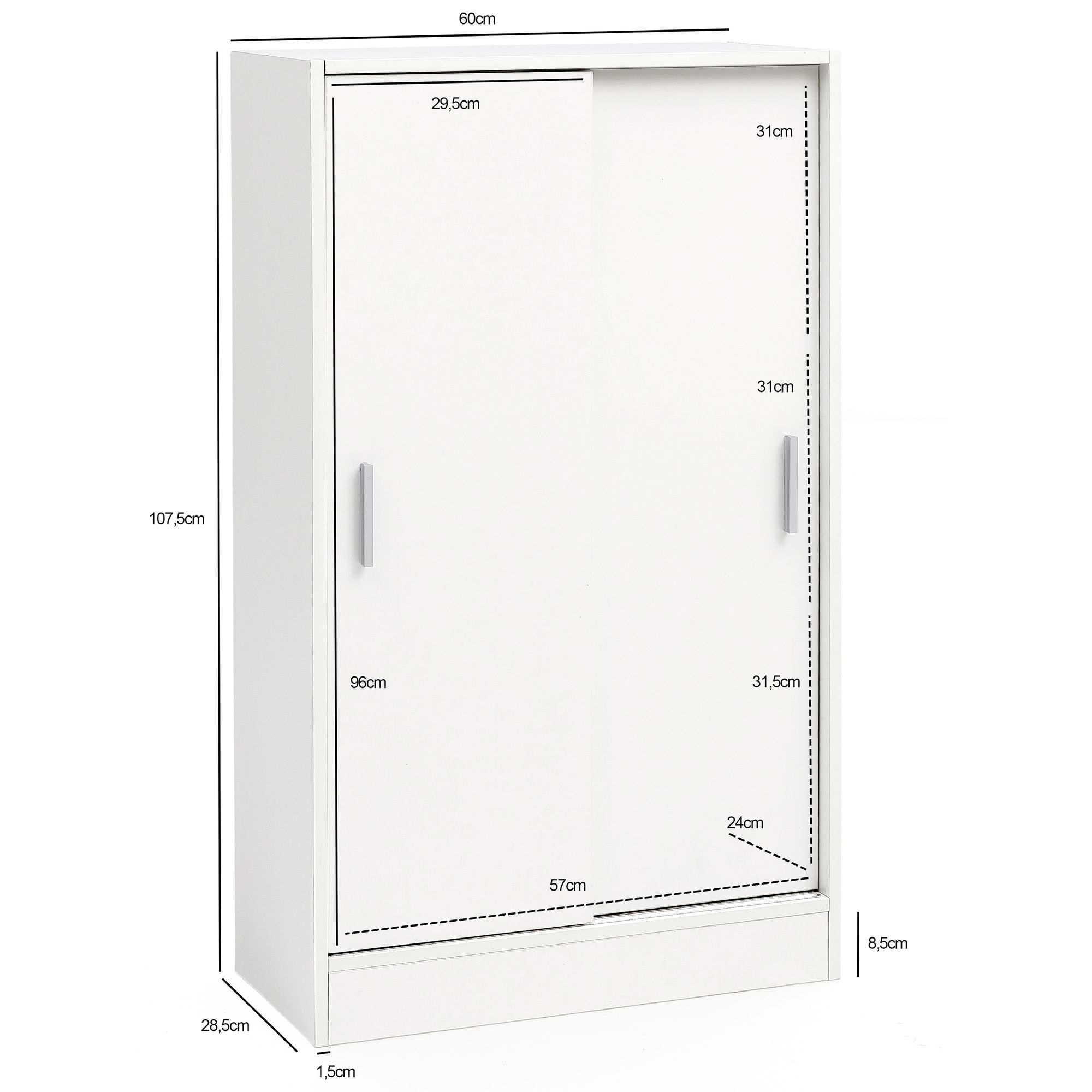 FineBuy Kommode Weiß 60 cm Breit mit 2 Schiebetüren für Büro Akten, Schiebetürenschrank, Aktenschrank, Sideboard, Kleiderschrank | Farbe: Weiß