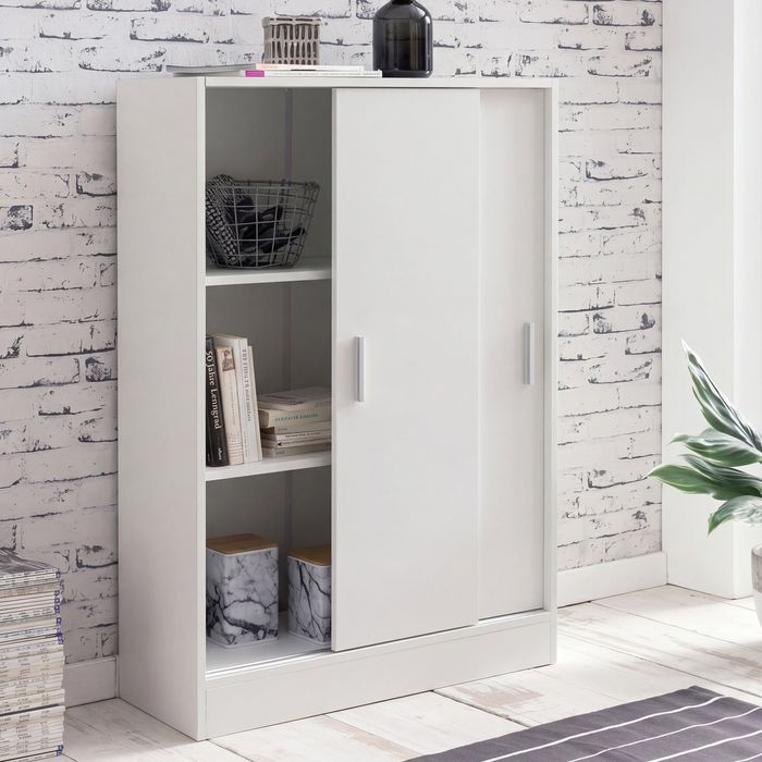 FineBuy Kommode Weiß 60 cm Breit mit 2 Schiebetüren für Büro Akten, Schiebetürenschrank, Aktenschrank, Sideboard, Kleiderschrank