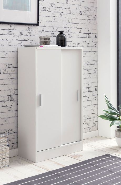 FineBuy Kommode Weiß 60 cm Breit mit 2 Schiebetüren für Büro Akten, Schiebetürenschrank, Aktenschrank, Sideboard, Kleiderschrank