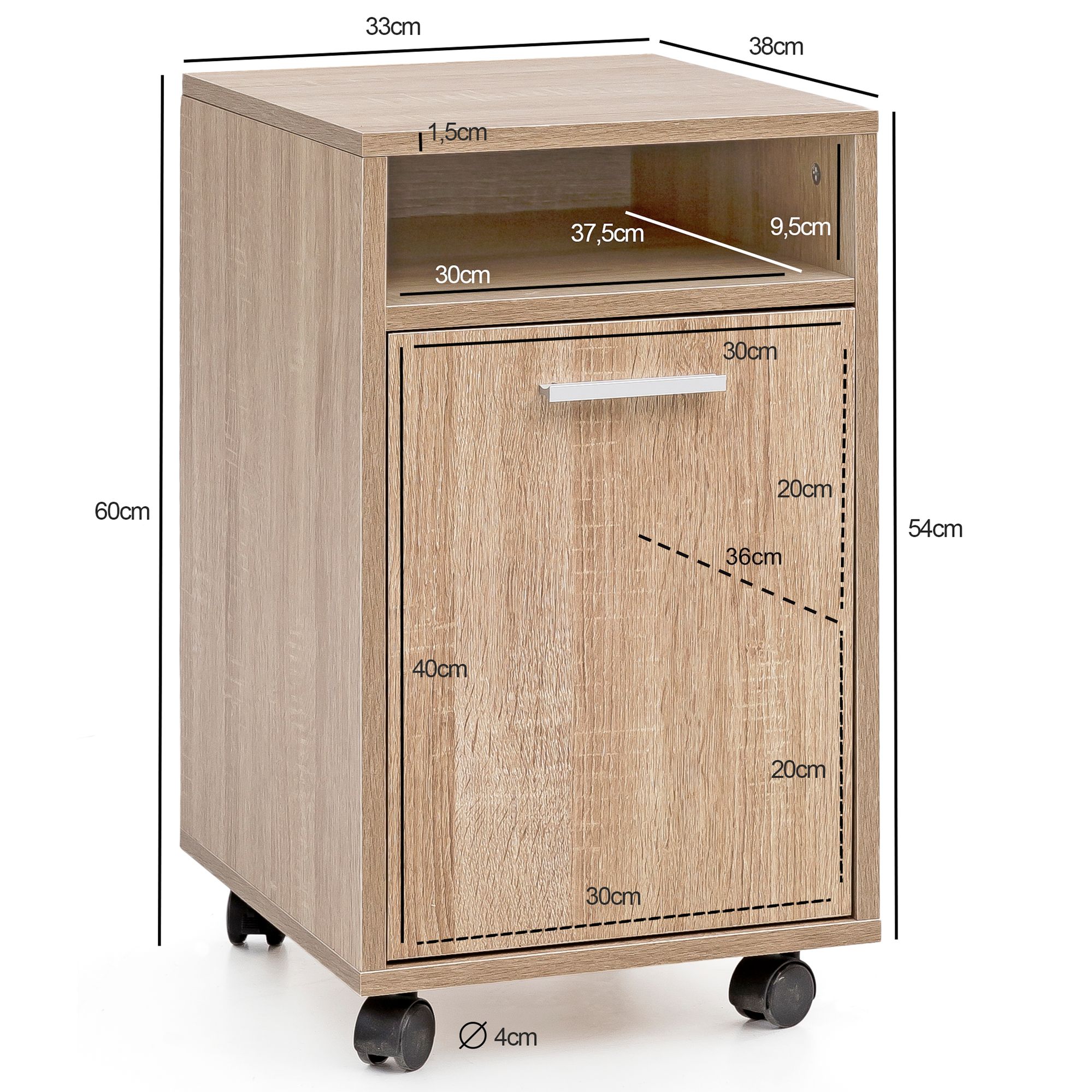 FineBuy Rollcontainer SV51848 Holz 33x60x38cm Schubladenschrank Büro Container, Schreibtischcontainer mit Tür & Ablage, Bürocontainer Beistellcontainer mit Rollen, Kleiner Schubladencontainer | Farbe: Weiß