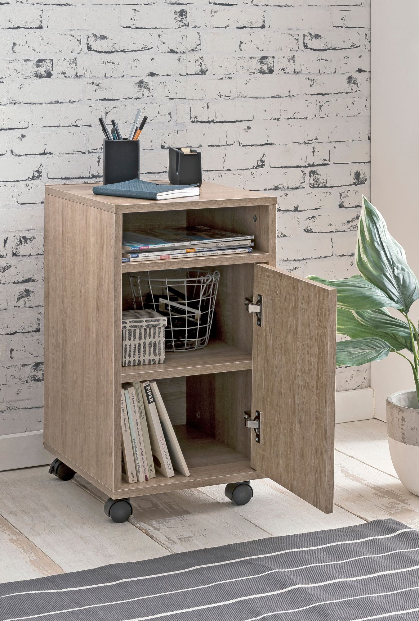 FineBuy Rollcontainer SV51848 Holz 33x60x38cm Schubladenschrank Büro Container, Schreibtischcontainer mit Tür & Ablage, Bürocontainer Beistellcontainer mit Rollen, Kleiner Schubladencontainer | Farbe: Weiß