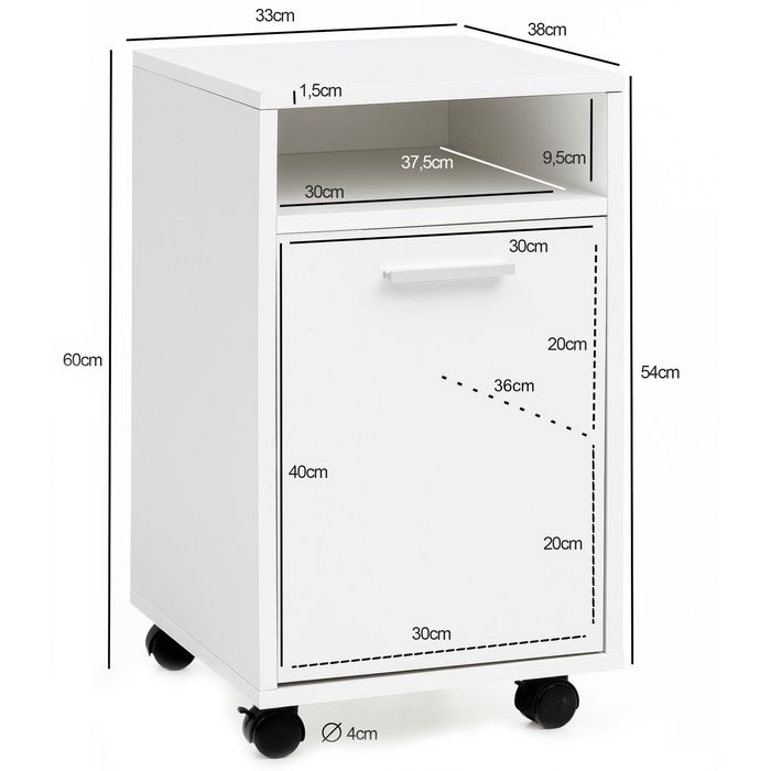FineBuy Rollcontainer SV51848 Schreibtischcontainer 33x60x38 Bürocontainer Holz – Maßzeichnung