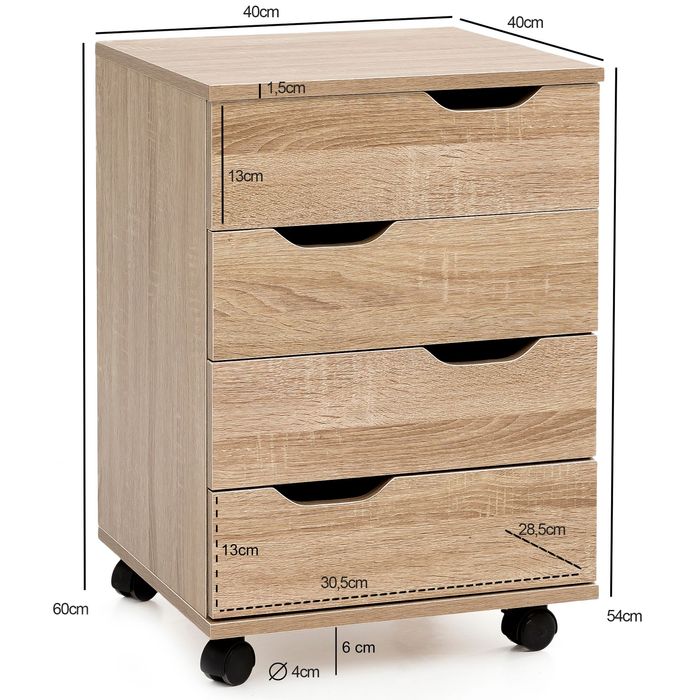FineBuy Rollcontainer SV51850 Schreibtischcontainer 40 x 60 x 40 cm Holz Büro – Maßzeichnung