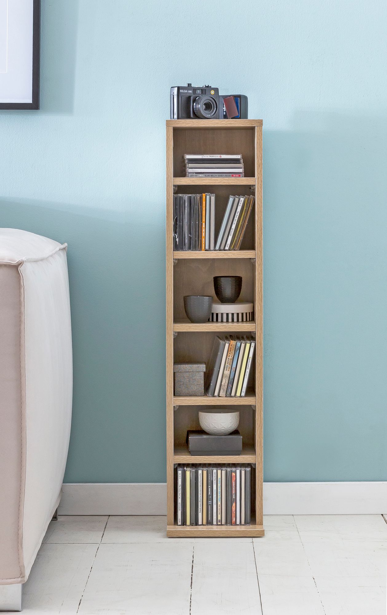 FineBuy CD-Regal Holz 21x90x20 cm Standregal Modern Bücherregal Schmal, CD Ständer Aufbewahrung Klein, Offenes Nischenregal, Mehrzweckschrank 6 Fächer Offen, CD Holzregal Design Stehregal | Farbe: Weiß