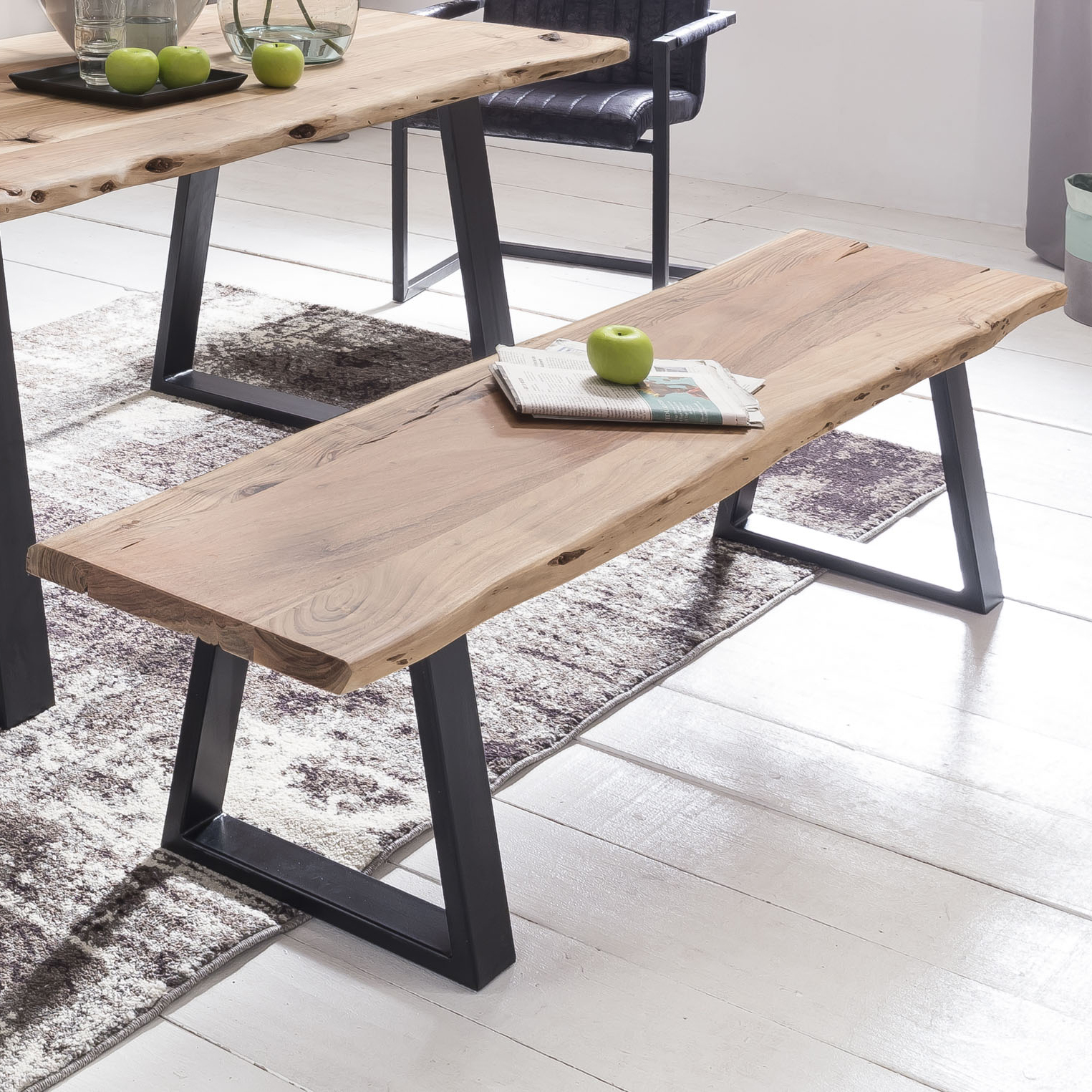 FineBuy Esszimmer-Bank FB51969 Baumstamm Massivholz Akazie 160 x 45 x 40 cm, Robuste Naturholz Küchenbank mit hoher Stabilität, Echtholz Essbank mit Baumkante, Holzbank im Landhaus-Stil | Farbe: Braun