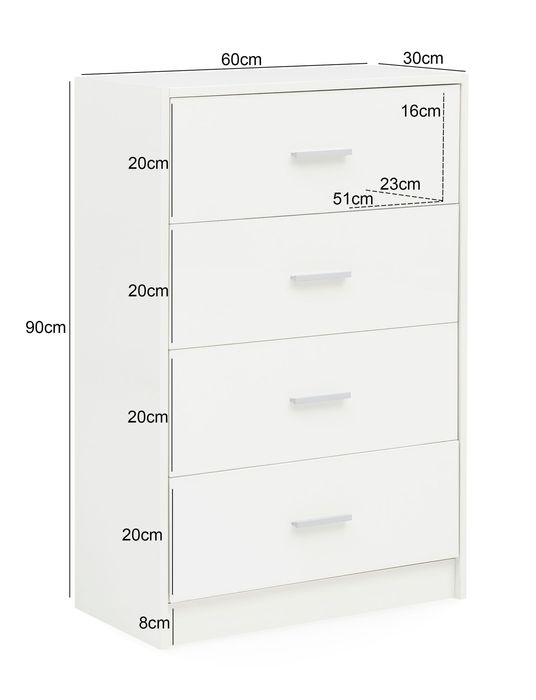Schubladenkommode 60cm mit 4 Schubladen Kommode in Weiß Sideboard modernes Design – Maßzeichnung