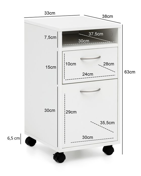FineBuy Rollcontainer 33x63x38cm Schreibtischcontainer Rollen Bürocontainer Holz – Maßzeichnung