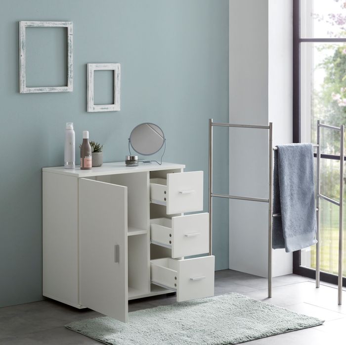 FineBuy Badschrank FB52416 Weiß 60x65,5x33 cm Midi-Schrank mit Tür & Schubladen, Kleiner Beistellschrank Matt, Badregal Schmal Freistehend Badezimmerkommode, Badmöbel Badezimmermöbel
