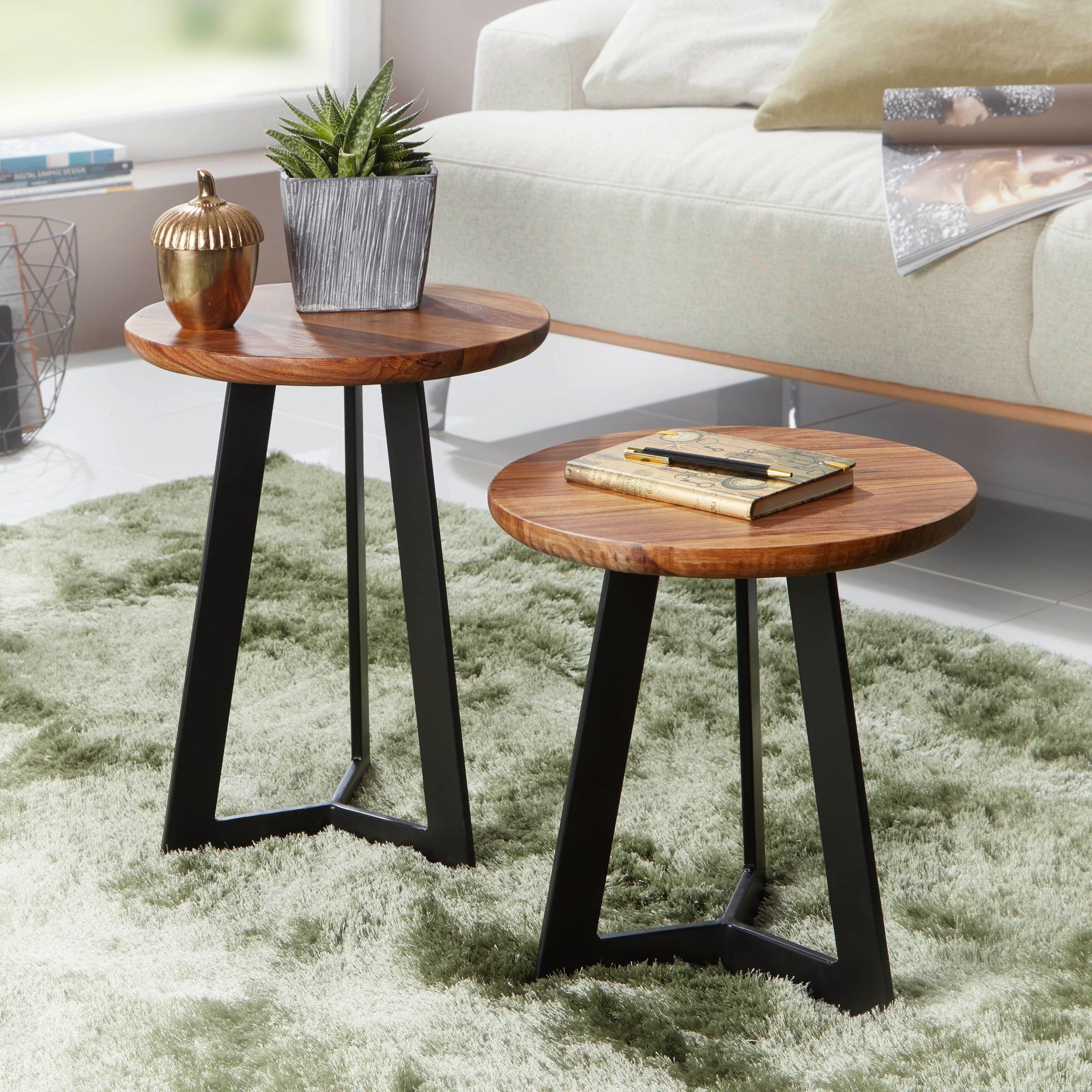 FineBuy Beistelltische 2-teilig Sheesham Metall Holz-Satztisch Industrial Hocker – Ansicht 1