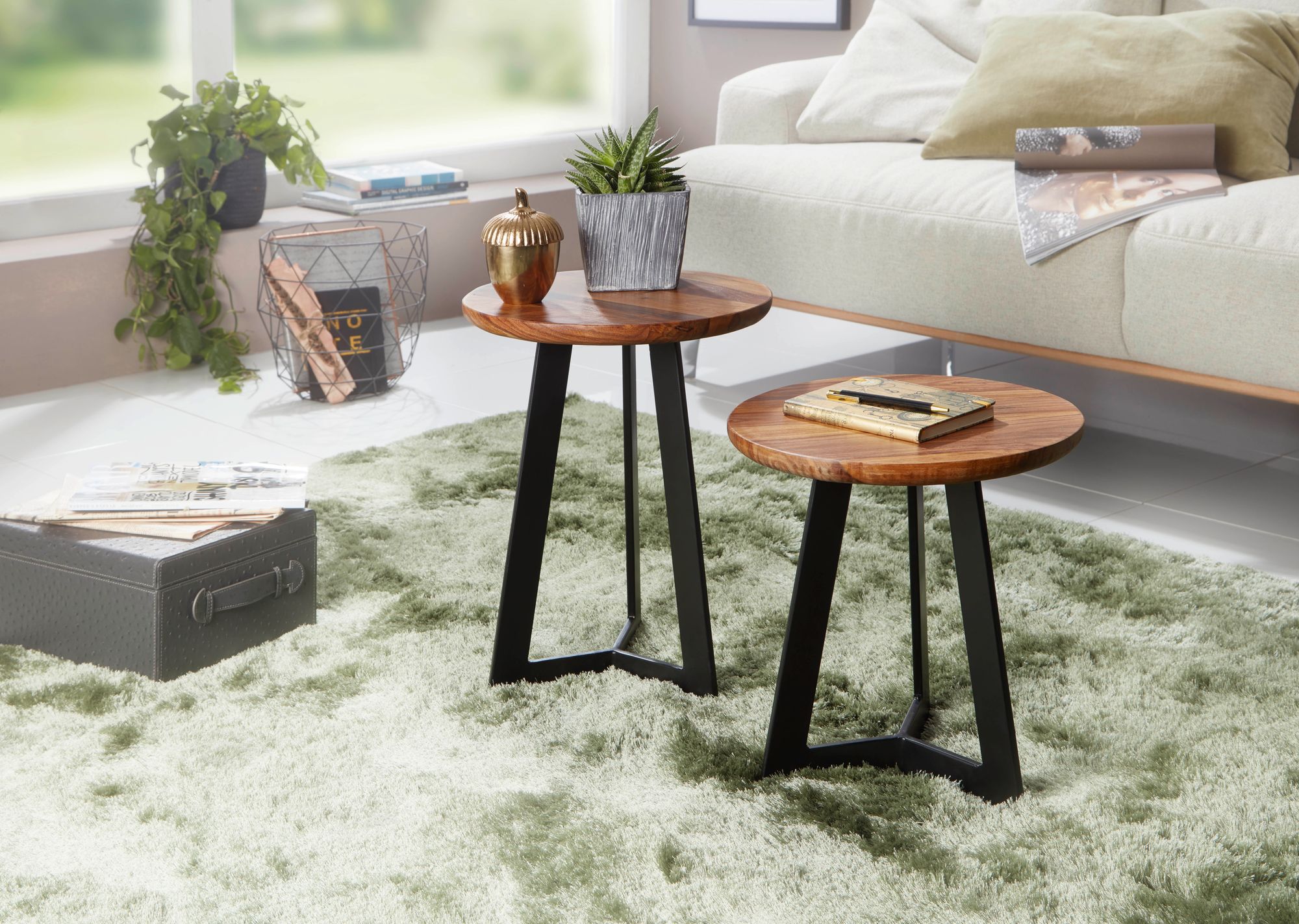 FineBuy Beistelltische 2-teilig Sheesham Metall Holz-Satztisch Industrial Hocker – Ansicht 2