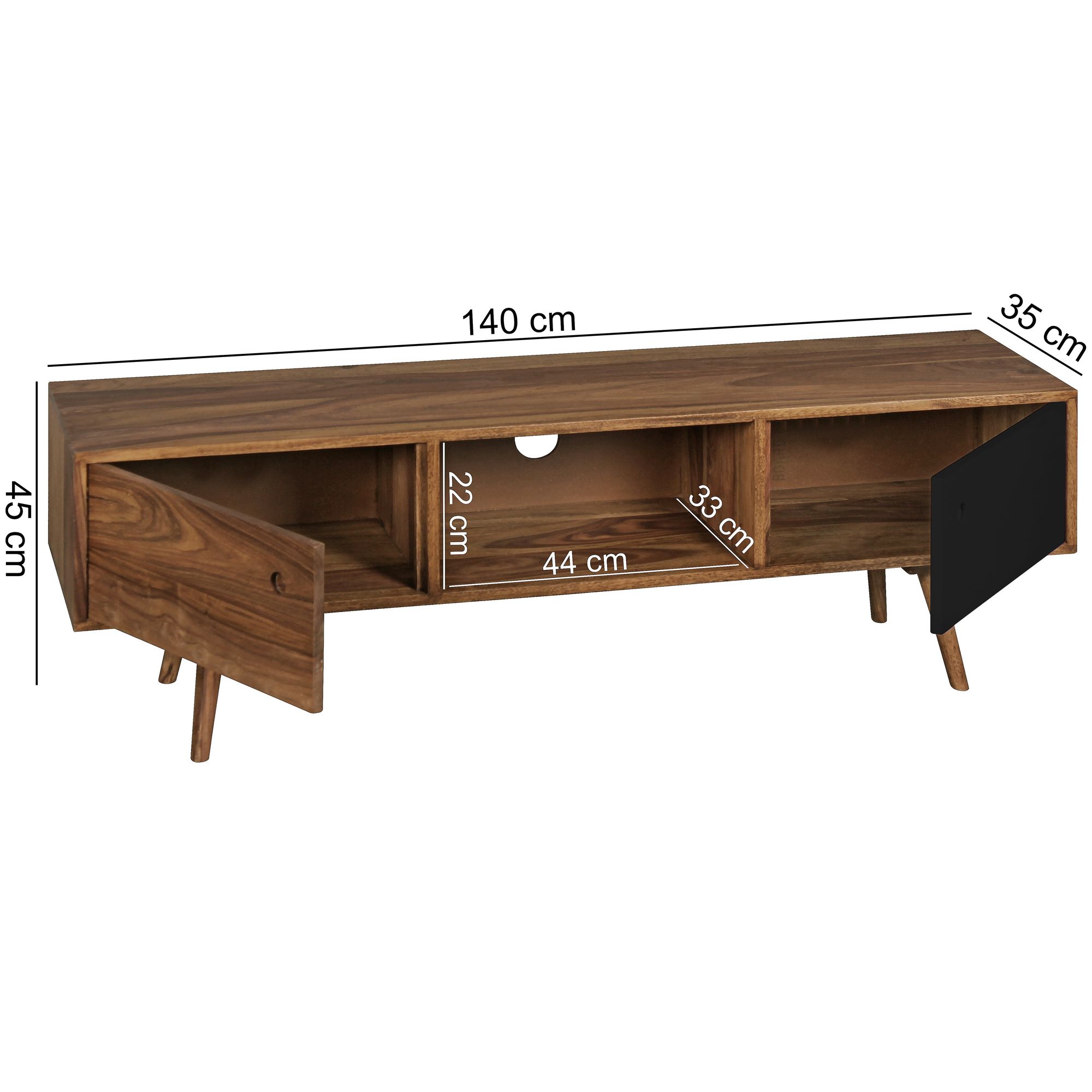 FineBuy TV Lowboard REPA 140 cm Massiv-Holz Sheesham Landhaus 2 Türen & Fach, HiFi Regal 4 Füße, Fernseher Kommode Vintage | Farbe: Schwarz