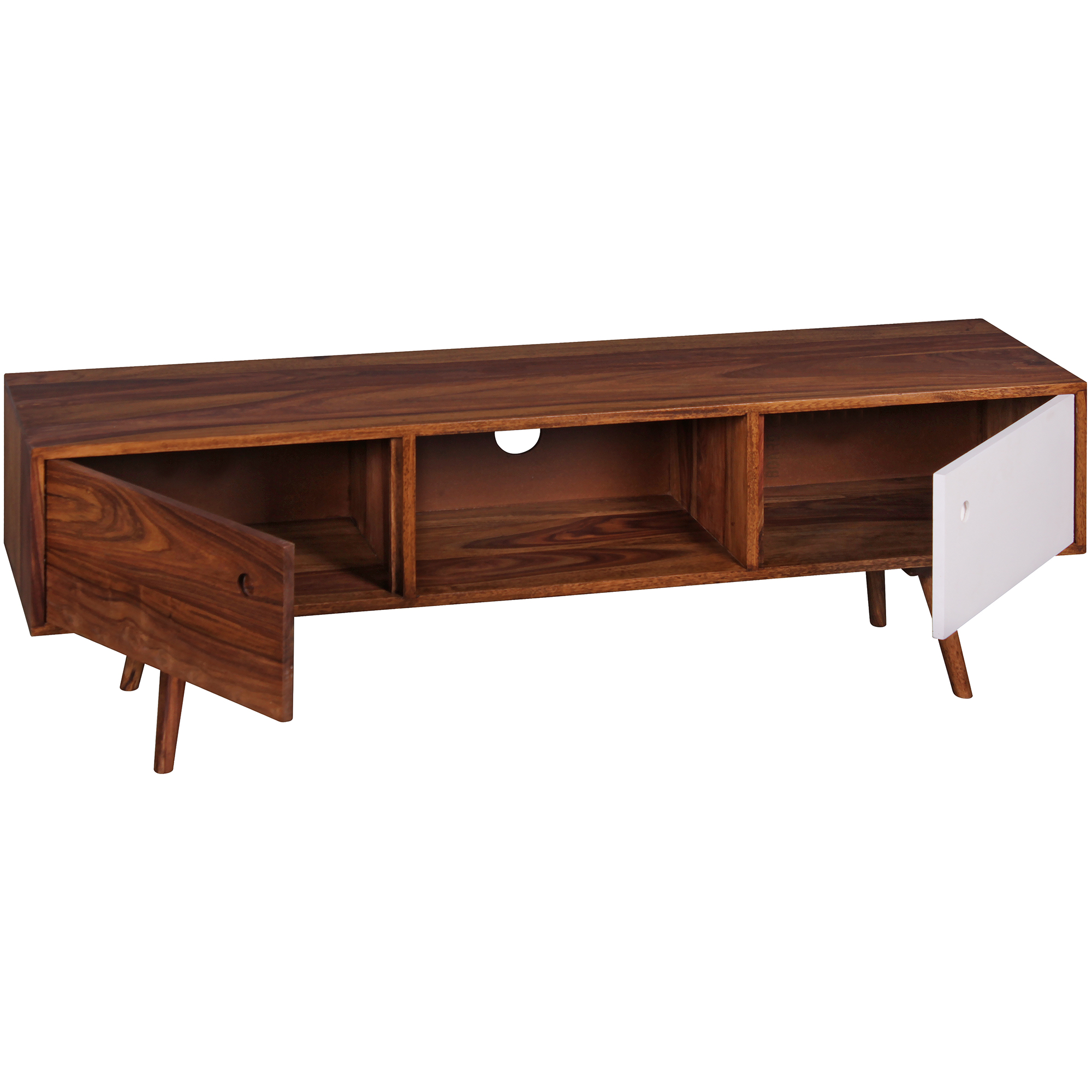 FineBuy TV Lowboard REPA 140 cm Massiv-Holz Sheesham Landhaus 2 Türen & Fach, HiFi Regal 4 Füße, Fernseher Kommode Vintage | Farbe: Schwarz