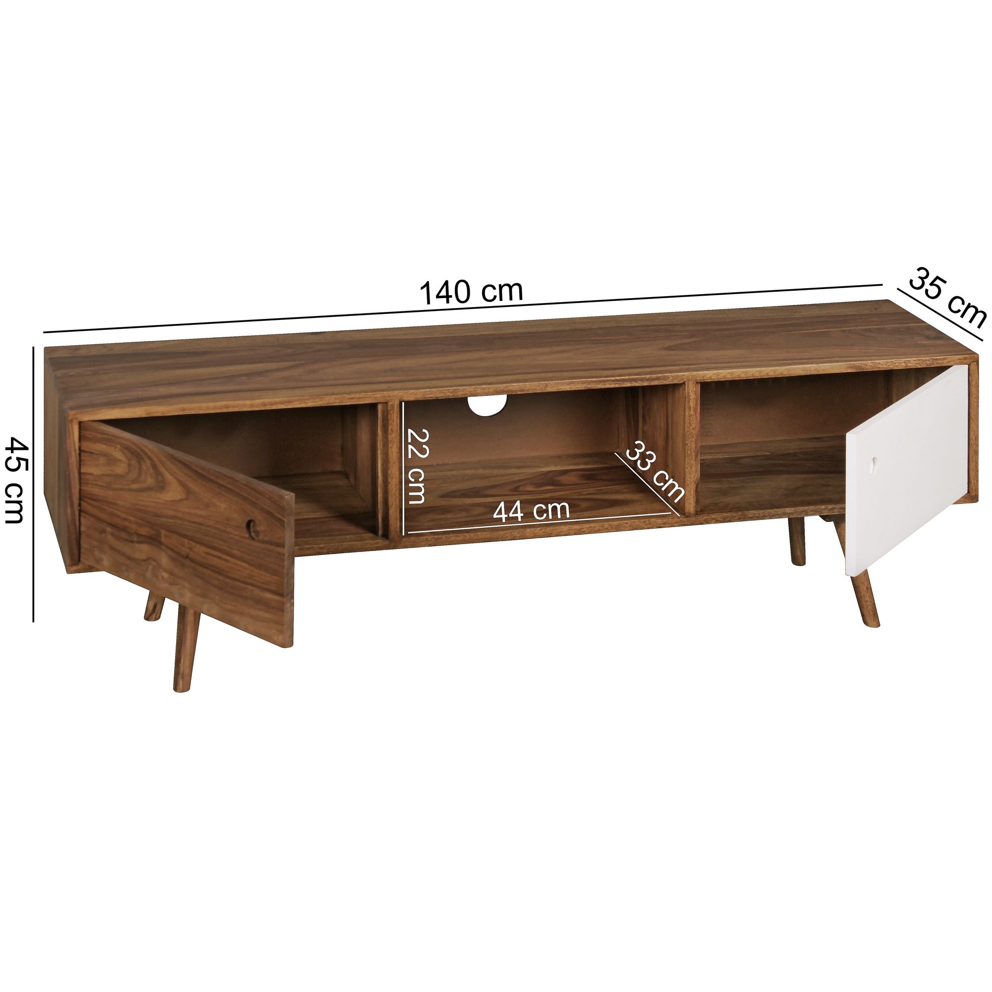 FineBuy TV Lowboard REPA 140 cm Massiv-Holz Sheesham Landhaus 2 Türen & Fach, HiFi Regal 4 Füße, Fernseher Kommode Vintage | Farbe: Schwarz
