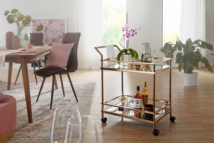 FineBuy Servierwagen Gold Beistelltisch Rollen Küchen- Speisewagen Glas Teewagen – Maßzeichnung