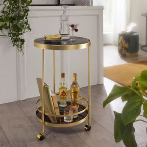 FB52960 FineBuy Design Servierwagen Gold Rund Ø 45cm 2 Ebenen, Beistelltisch auf Rollen mit Glasplatte Schwarz Speisewagen, Küchenwagen, Teewagen 4250950292963