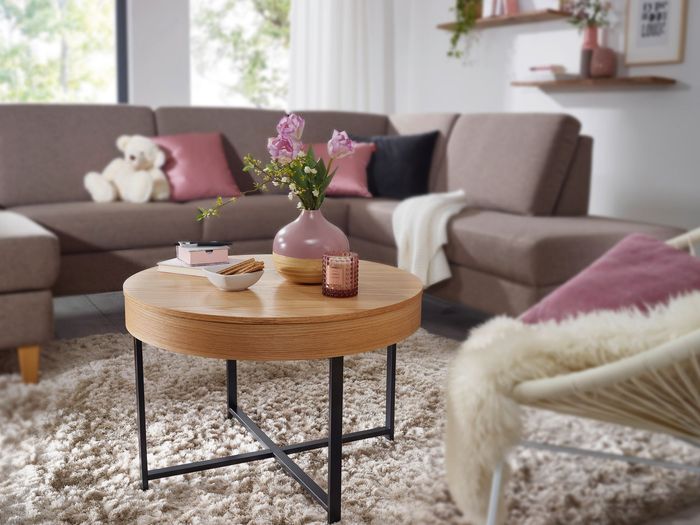Couchtisch Rund Ø70cm Stauraum Skandinavisches Design Eiche Wohnzimmertisch Holz – Maßzeichnung